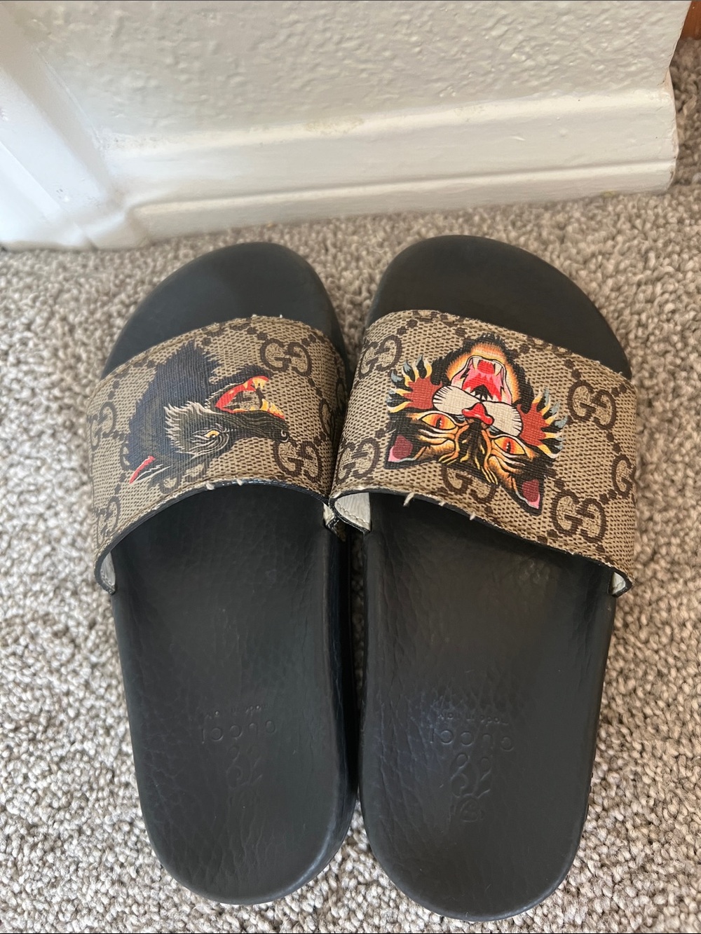 Gucci Brown GG Monogram Slides with Multicolor Tiger & Bird Print